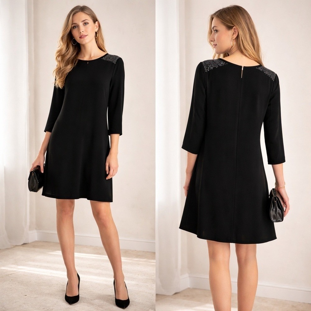 Eileen Fisher Women Silk Shift Dress M Black Studded Shoulder Minimalist Chic
